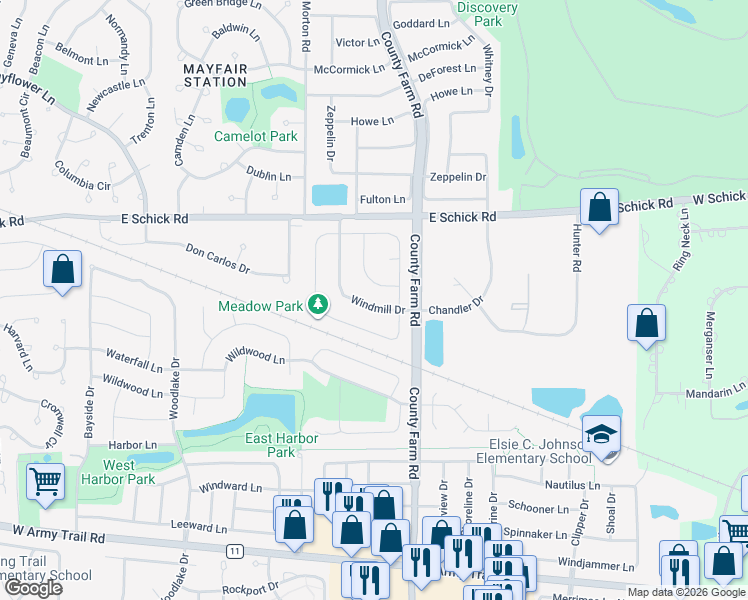 map of restaurants, bars, coffee shops, grocery stores, and more near 1840 Windmill Drive in Hanover Park