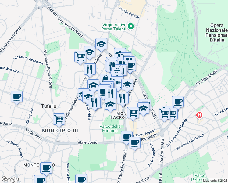 map of restaurants, bars, coffee shops, grocery stores, and more near 37 Via Franco Sacchetti in Rome