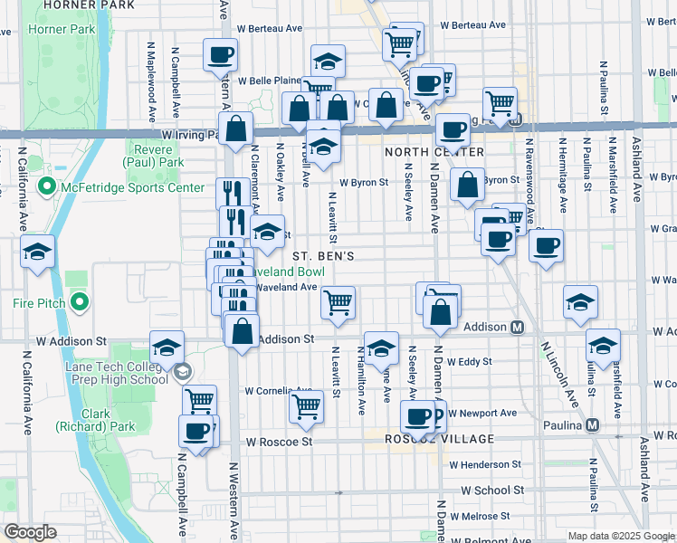 map of restaurants, bars, coffee shops, grocery stores, and more near 3715 North Leavitt Street in Chicago