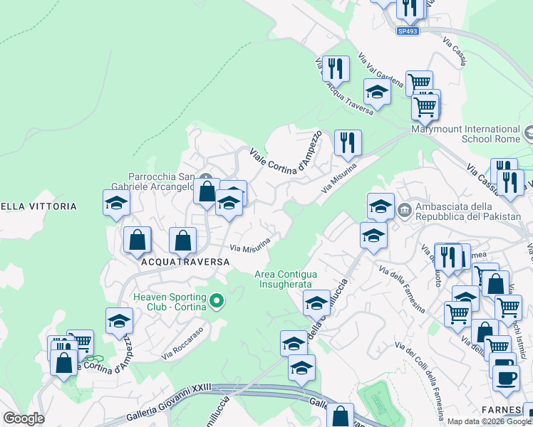 map of restaurants, bars, coffee shops, grocery stores, and more near 97 Via Misurina in Roma