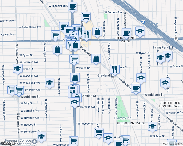 map of restaurants, bars, coffee shops, grocery stores, and more near 4638W West Warwick Avenue in Chicago
