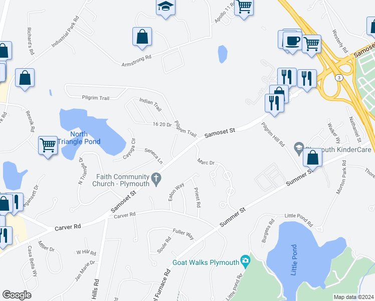 map of restaurants, bars, coffee shops, grocery stores, and more near 198 Samoset Street in Plymouth