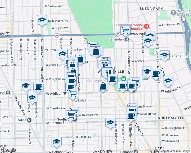 map of restaurants, bars, coffee shops, grocery stores, and more near 1212 West Waveland Avenue in Chicago