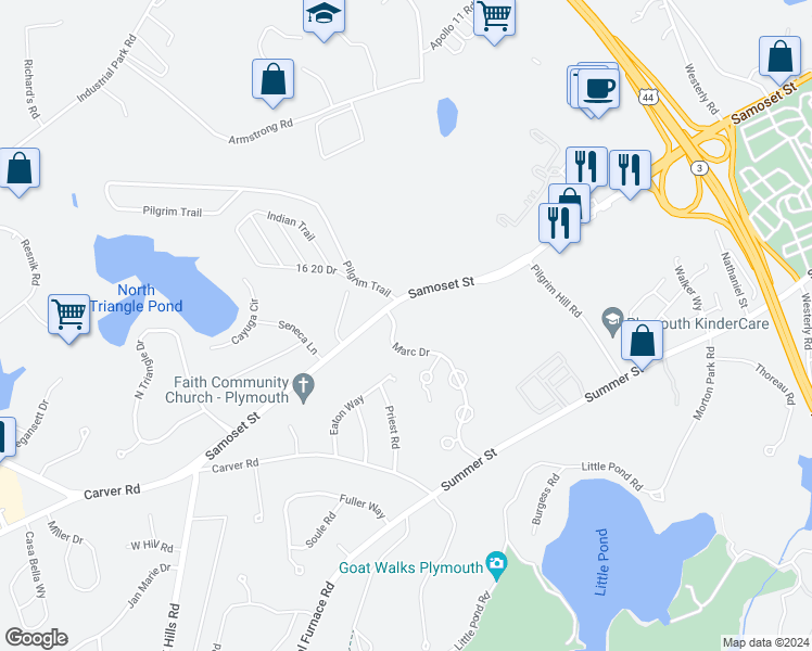 map of restaurants, bars, coffee shops, grocery stores, and more near 192 Samoset Street in Plymouth