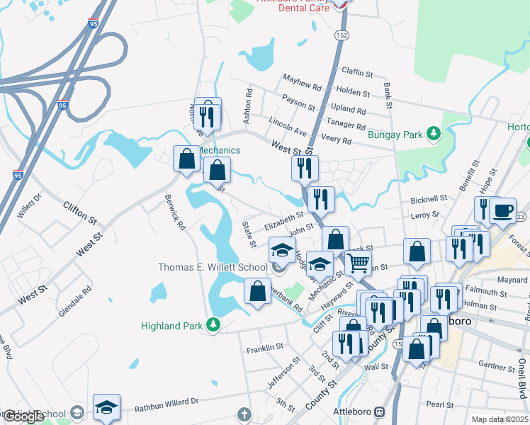 map of restaurants, bars, coffee shops, grocery stores, and more near 12 Water Street in Attleboro