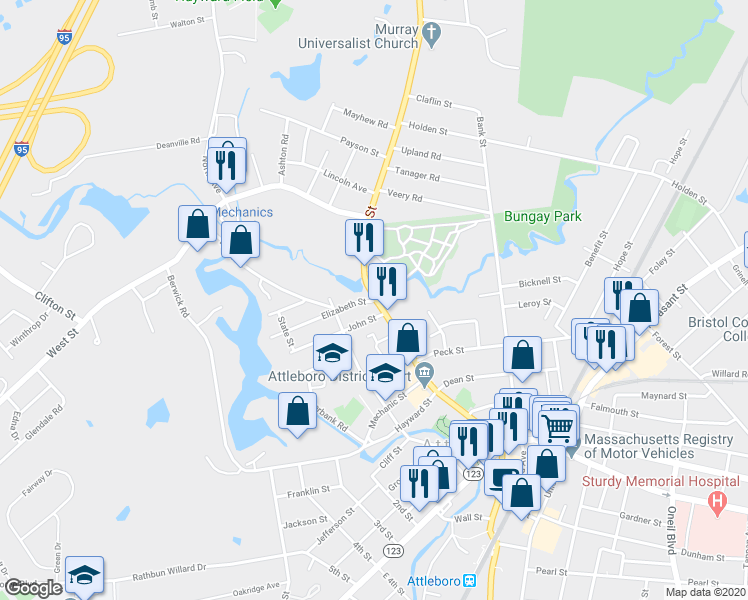 map of restaurants, bars, coffee shops, grocery stores, and more near 1 Elizabeth Street in Attleboro
