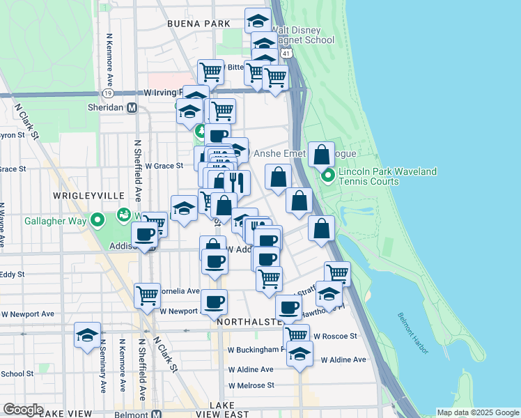 map of restaurants, bars, coffee shops, grocery stores, and more near 3648 North Pine Grove Avenue in Chicago