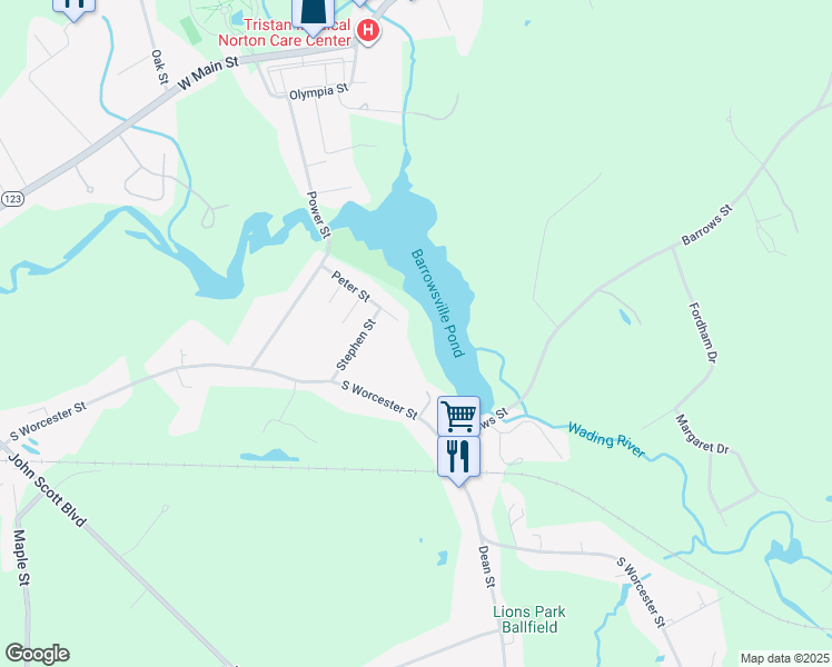 map of restaurants, bars, coffee shops, grocery stores, and more near 18 Peter Street in Norton