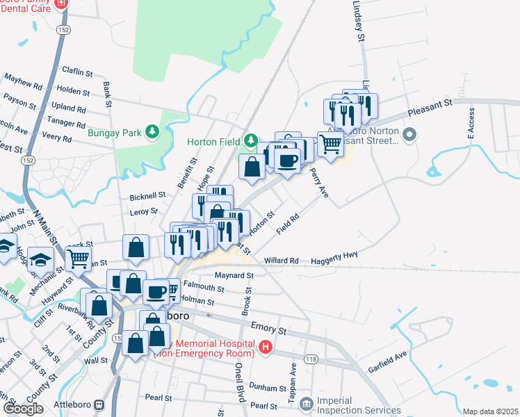 map of restaurants, bars, coffee shops, grocery stores, and more near 12 Gustin Avenue in Attleboro