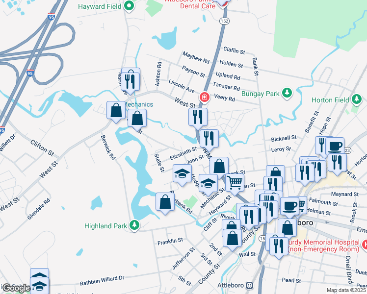 map of restaurants, bars, coffee shops, grocery stores, and more near 12 Water Street in Attleboro