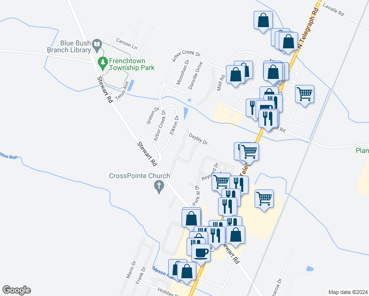 map of restaurants, bars, coffee shops, grocery stores, and more near 1055 Cedar Creek Drive in Monroe