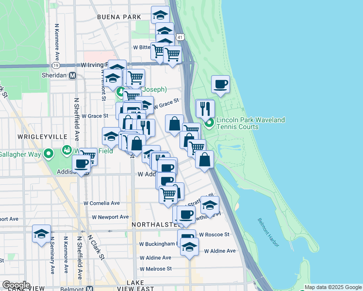 map of restaurants, bars, coffee shops, grocery stores, and more near 520 West Addison Street in Chicago