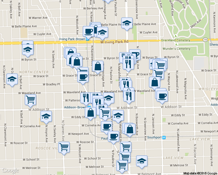 map of restaurants, bars, coffee shops, grocery stores, and more near 1714 West Waveland Avenue in Chicago