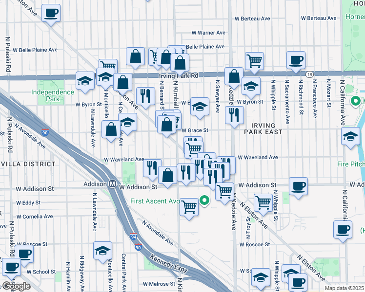 map of restaurants, bars, coffee shops, grocery stores, and more near 3716 North Kimball Avenue in Chicago