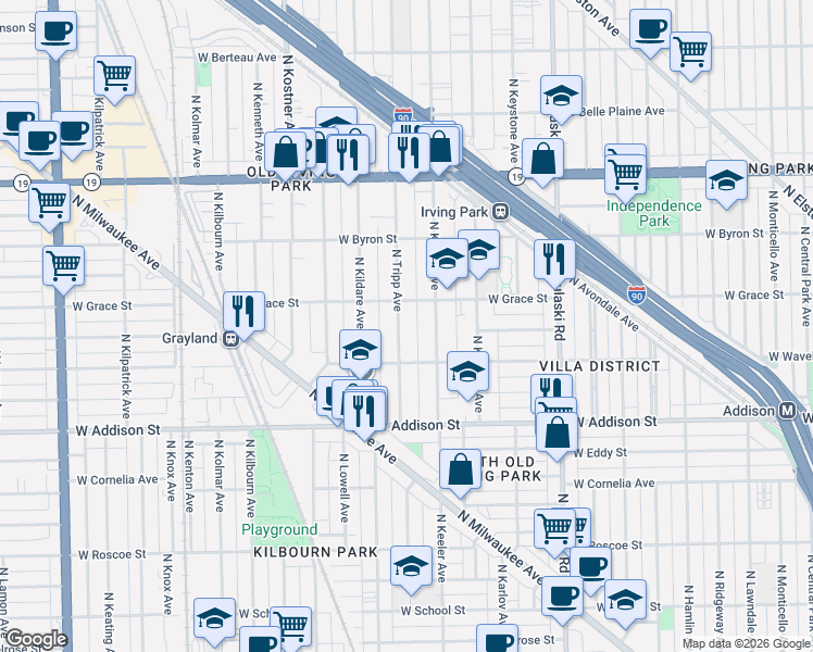 map of restaurants, bars, coffee shops, grocery stores, and more near 3729 North Tripp Avenue in Chicago