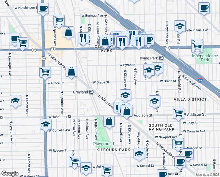 map of restaurants, bars, coffee shops, grocery stores, and more near 3735 North Kostner Avenue in Chicago