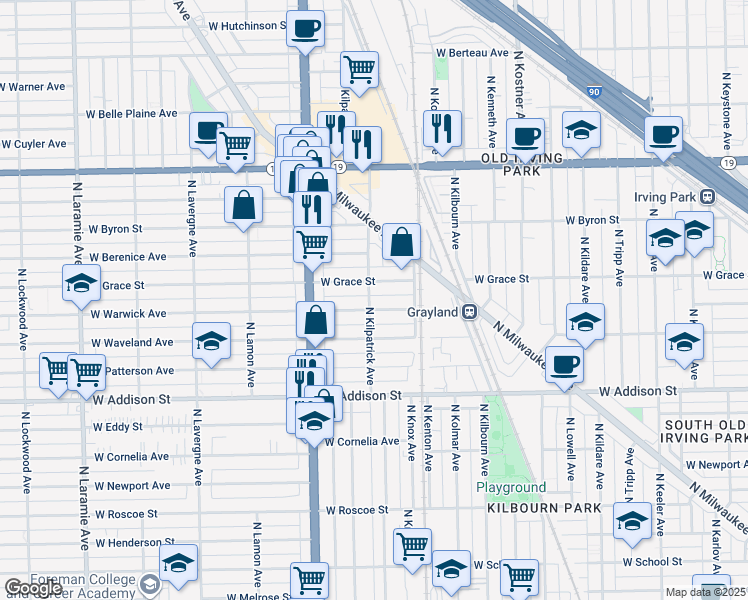 map of restaurants, bars, coffee shops, grocery stores, and more near 4638W West Warwick Avenue in Chicago