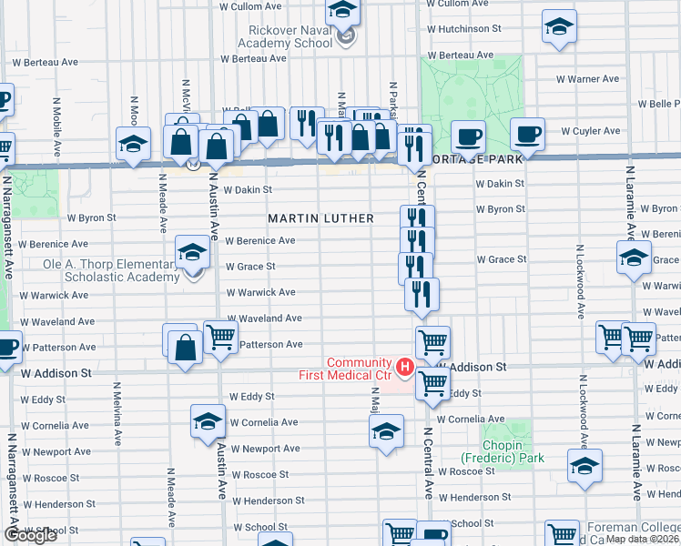map of restaurants, bars, coffee shops, grocery stores, and more near 5740 West Warwick Avenue in Chicago