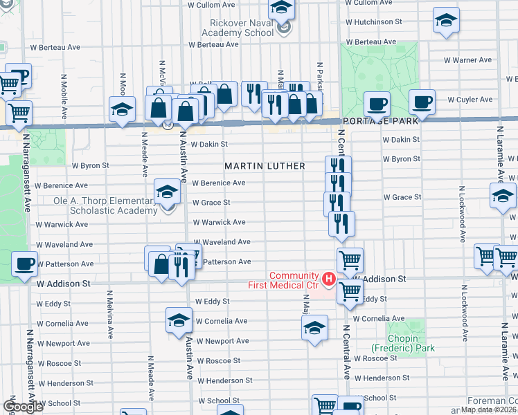 map of restaurants, bars, coffee shops, grocery stores, and more near 5816 West Warwick Avenue in Chicago