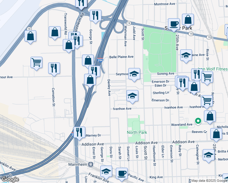 map of restaurants, bars, coffee shops, grocery stores, and more near 10143 Hartford Court in Schiller Park