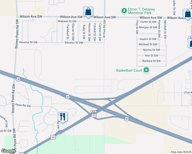 map of restaurants, bars, coffee shops, grocery stores, and more near 5412 Ruhd Street Southwest in Cedar Rapids