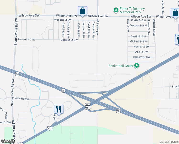 map of restaurants, bars, coffee shops, grocery stores, and more near 5412 Ruhd Street Southwest in Cedar Rapids