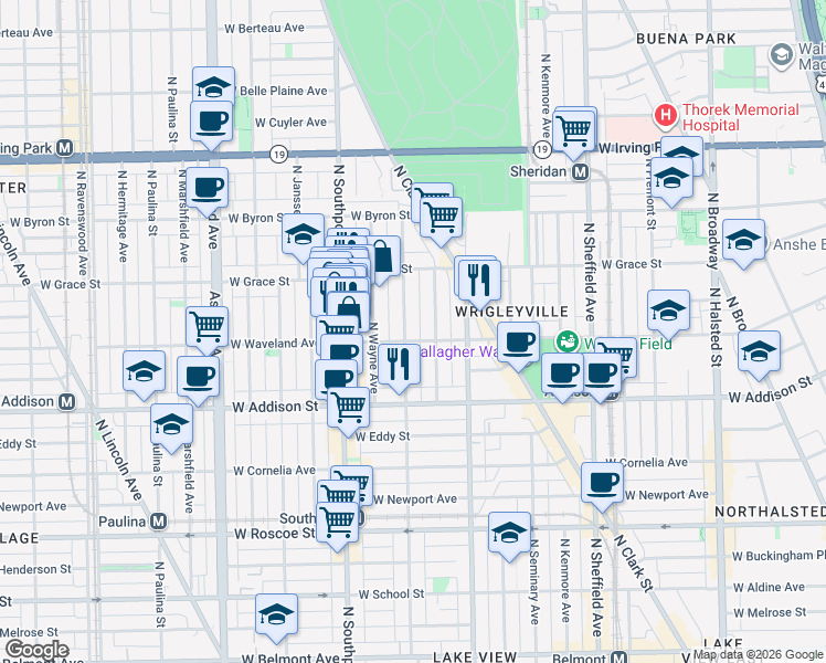 map of restaurants, bars, coffee shops, grocery stores, and more near 1250 West Waveland Avenue in Chicago
