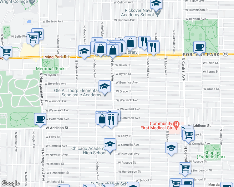 map of restaurants, bars, coffee shops, grocery stores, and more near 5947 West Grace Street in Chicago