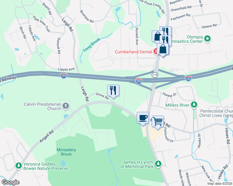 map of restaurants, bars, coffee shops, grocery stores, and more near 24 Grove Road in Cumberland