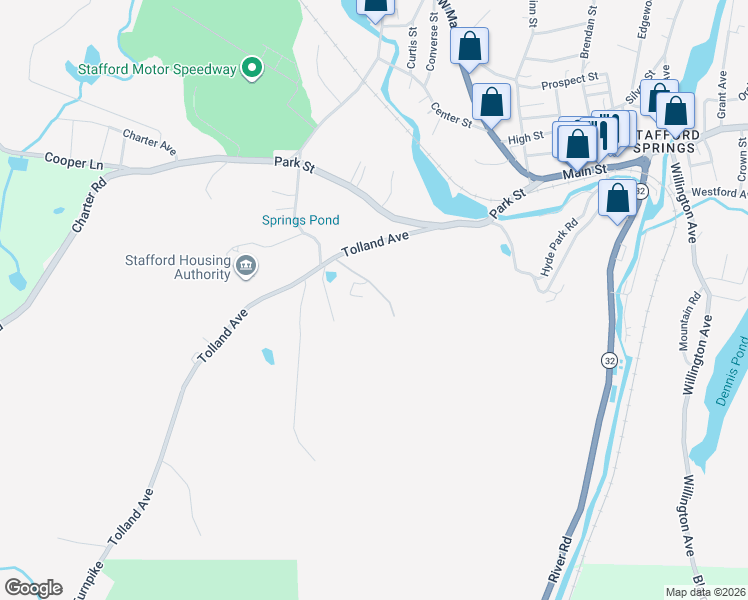 map of restaurants, bars, coffee shops, grocery stores, and more near 46 Tolland Avenue in Stafford