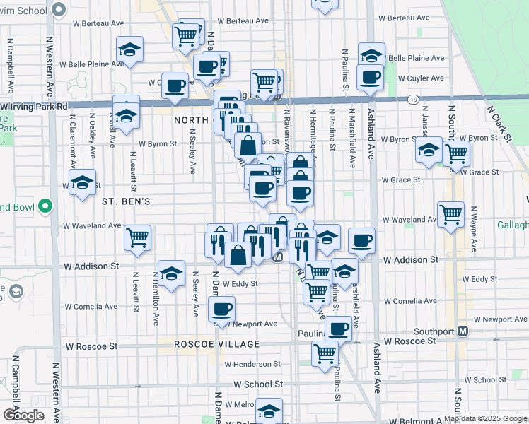 map of restaurants, bars, coffee shops, grocery stores, and more near 3705 North Lincoln Avenue in Chicago