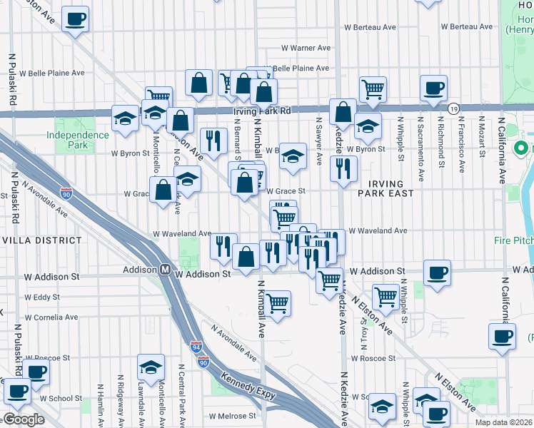 map of restaurants, bars, coffee shops, grocery stores, and more near 3716 North Kimball Avenue in Chicago