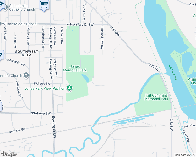 map of restaurants, bars, coffee shops, grocery stores, and more near 2818 Fruitland Boulevard Southwest in Cedar Rapids