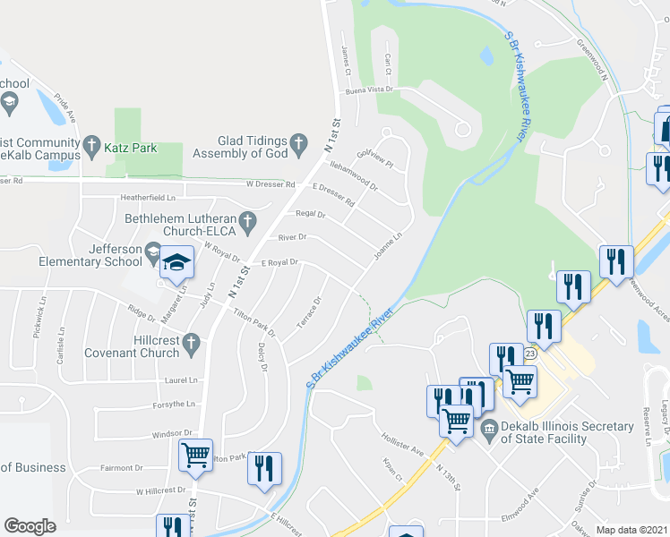 map of restaurants, bars, coffee shops, grocery stores, and more near 405 East Royal Drive in DeKalb