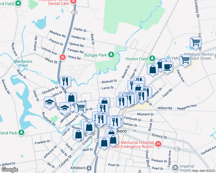map of restaurants, bars, coffee shops, grocery stores, and more near 16 Leroy Street in Attleboro