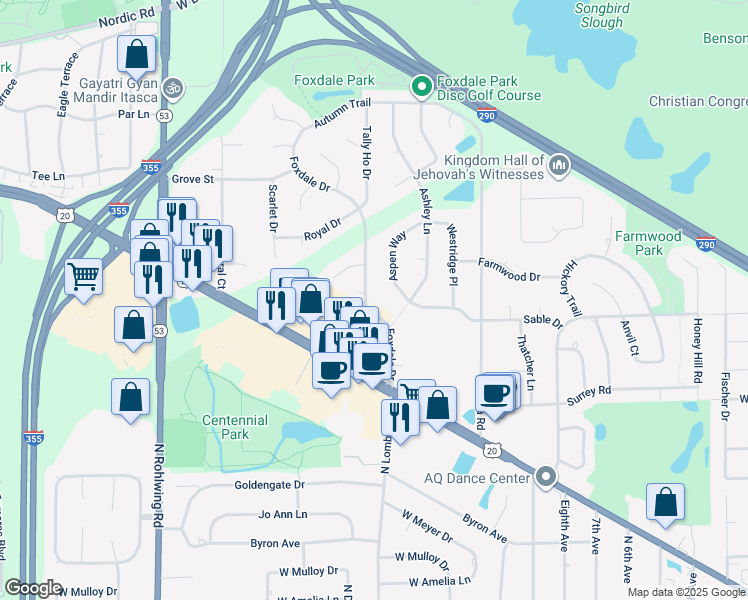 map of restaurants, bars, coffee shops, grocery stores, and more near 1225 Foxdale Drive in Addison