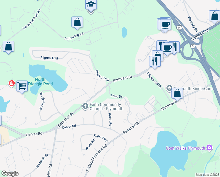 map of restaurants, bars, coffee shops, grocery stores, and more near 9 Marc Drive in Plymouth