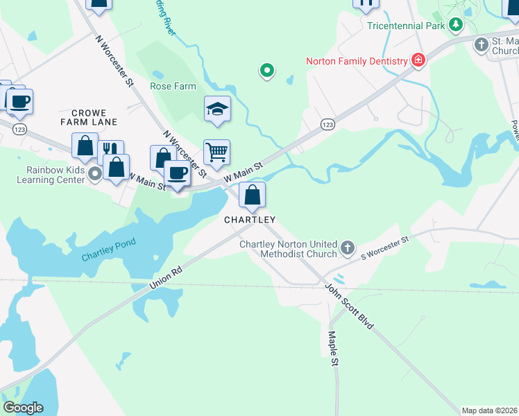 map of restaurants, bars, coffee shops, grocery stores, and more near 28 Worcester St in Taunton