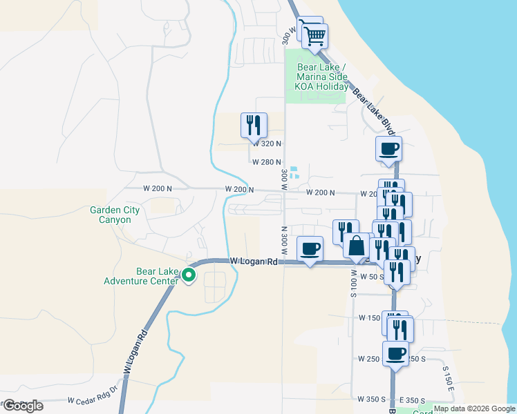 map of restaurants, bars, coffee shops, grocery stores, and more near 145 North 300 West in Garden City