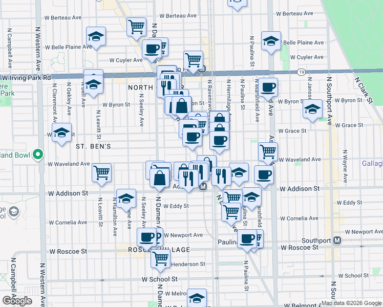 map of restaurants, bars, coffee shops, grocery stores, and more near 1900 West Waveland Avenue in Chicago