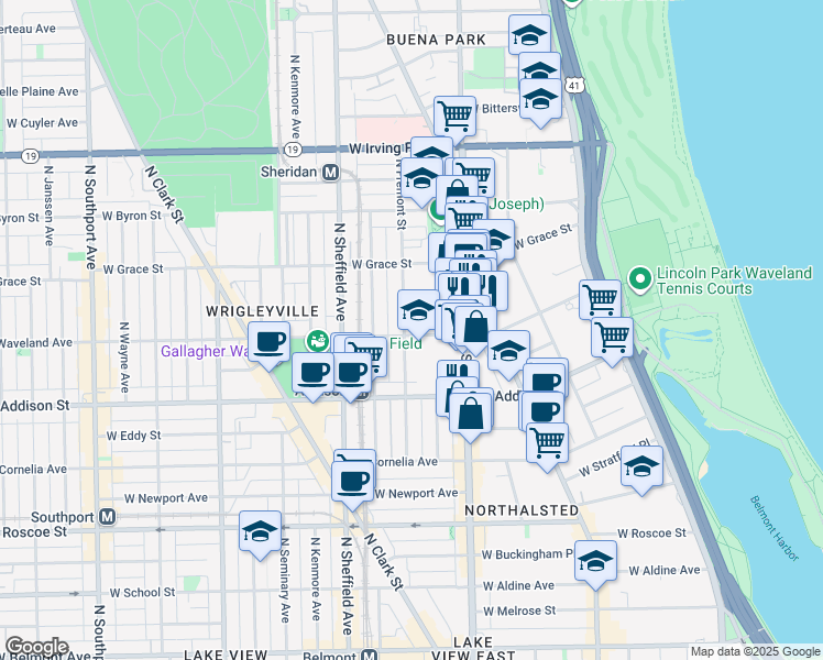 map of restaurants, bars, coffee shops, grocery stores, and more near 850 West Waveland Avenue in Chicago