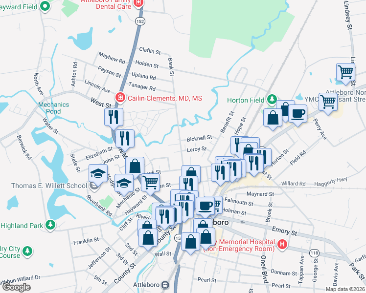 map of restaurants, bars, coffee shops, grocery stores, and more near 118 Bank Street in Attleboro