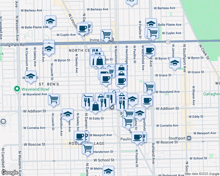 map of restaurants, bars, coffee shops, grocery stores, and more near 3705 North Lincoln Avenue in Chicago