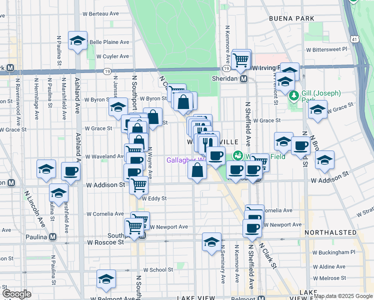 map of restaurants, bars, coffee shops, grocery stores, and more near 1210 West Waveland Avenue in Chicago