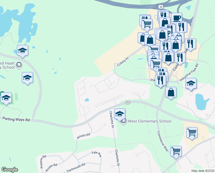 map of restaurants, bars, coffee shops, grocery stores, and more near Sterling Boulevard in Plymouth