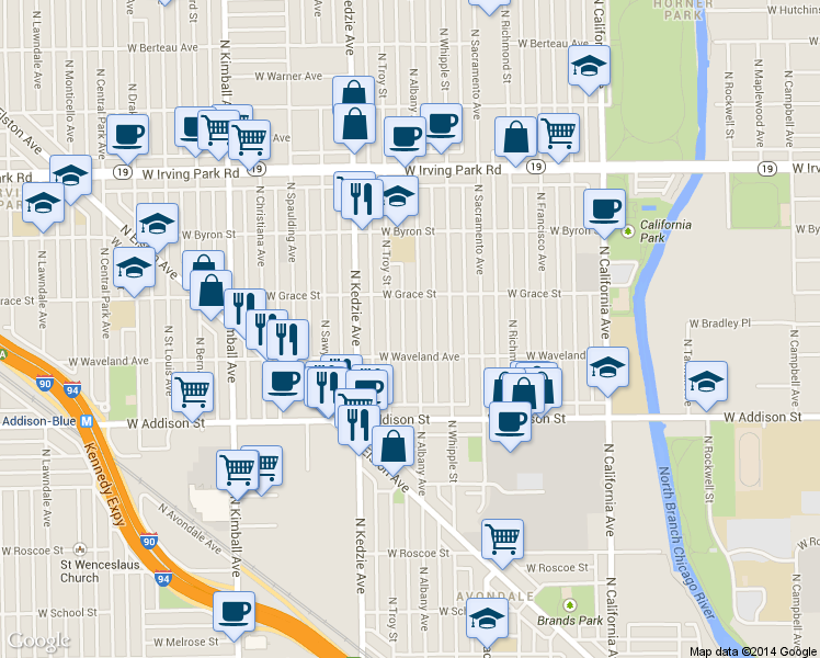 map of restaurants, bars, coffee shops, grocery stores, and more near 3715 North Troy Street in Chicago