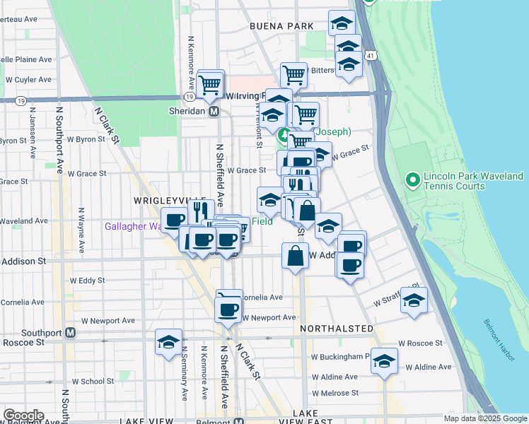 map of restaurants, bars, coffee shops, grocery stores, and more near 3656 North Fremont Street in Chicago