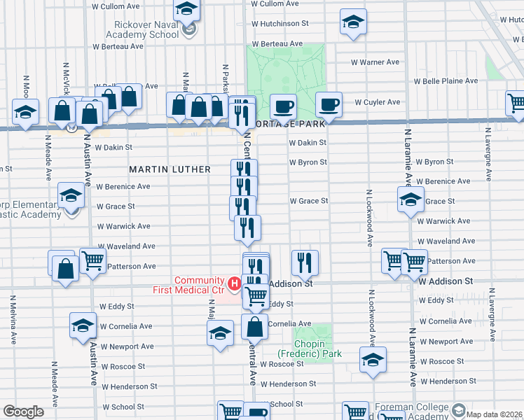 map of restaurants, bars, coffee shops, grocery stores, and more near 5550 West Warwick Avenue in Chicago