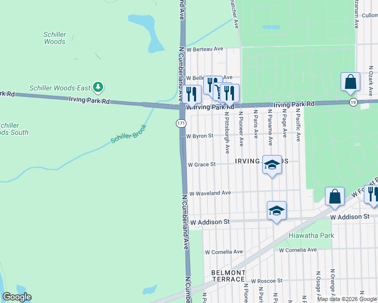map of restaurants, bars, coffee shops, grocery stores, and more near 3820 North Pontiac Avenue in Chicago