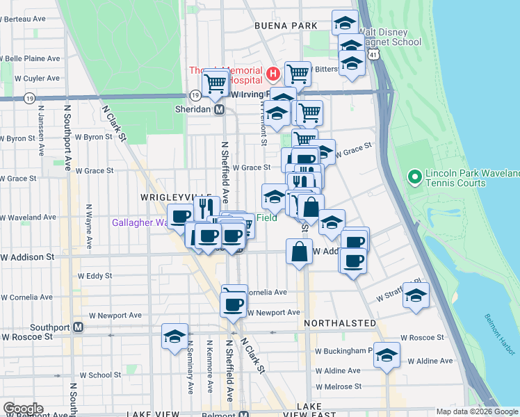 map of restaurants, bars, coffee shops, grocery stores, and more near 3700 North Fremont Street in Chicago